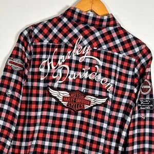 Harley Davidson VTG Womens M Plaid Long Sleeve Flannel Shirt Embroidered Patches
